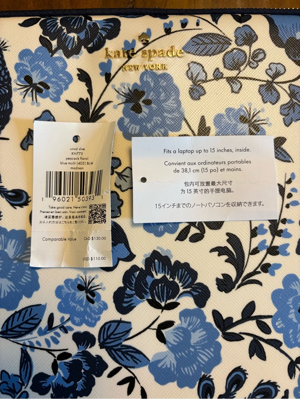 kate spade Madison Peacock 15” Floral Laptop Sleeve in Blue Multi Style KH775